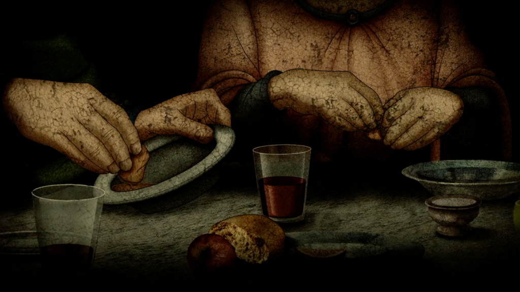 Az utolsó vacsora képsorai. Részlet Rofusz Ferenc animációs rövidfilmjéből. (Forrás: Rofusz Ferenc)